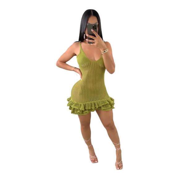 Musera Dresses & Skirts - MUSERA Khaki Crochet Knit Frill Hen Mini Sz S Trendy Beach Club Dress